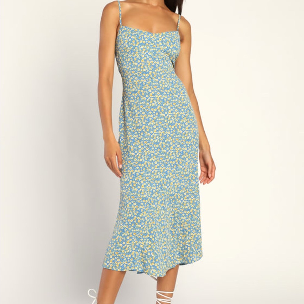 Lulus Floral Cutout Blue Midi Dress